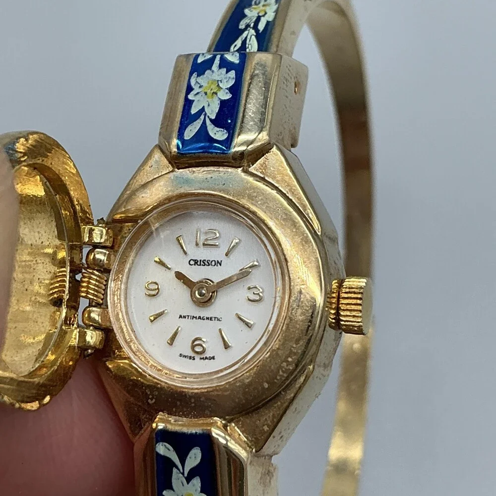 Vintage Crisson Womens Watch 18mm White Dial Blue Enamel Gold Tone Manual Swiss
